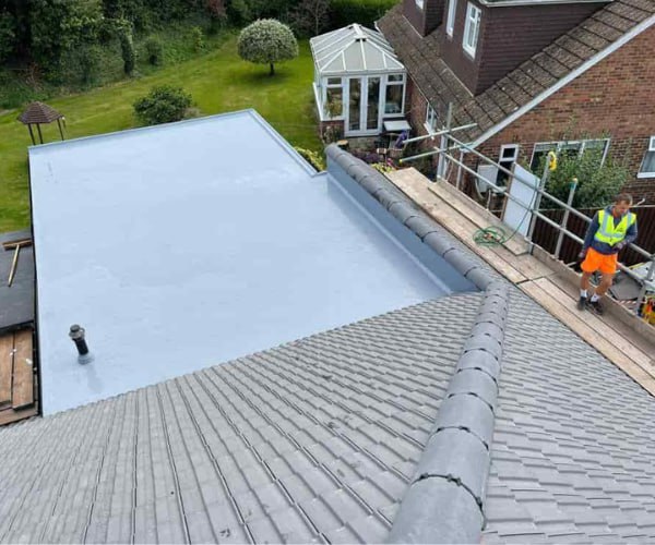 This is a photo of a newly installed hip roof, with a combined liquid covered flat roof. Work carried out by ES Roofing Adwick Le Street